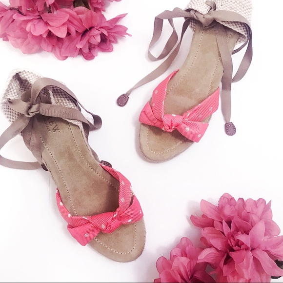 J. Crew Shoes - • J. Crew Pink Bow Dot Wrap Espadrilles Wedge •